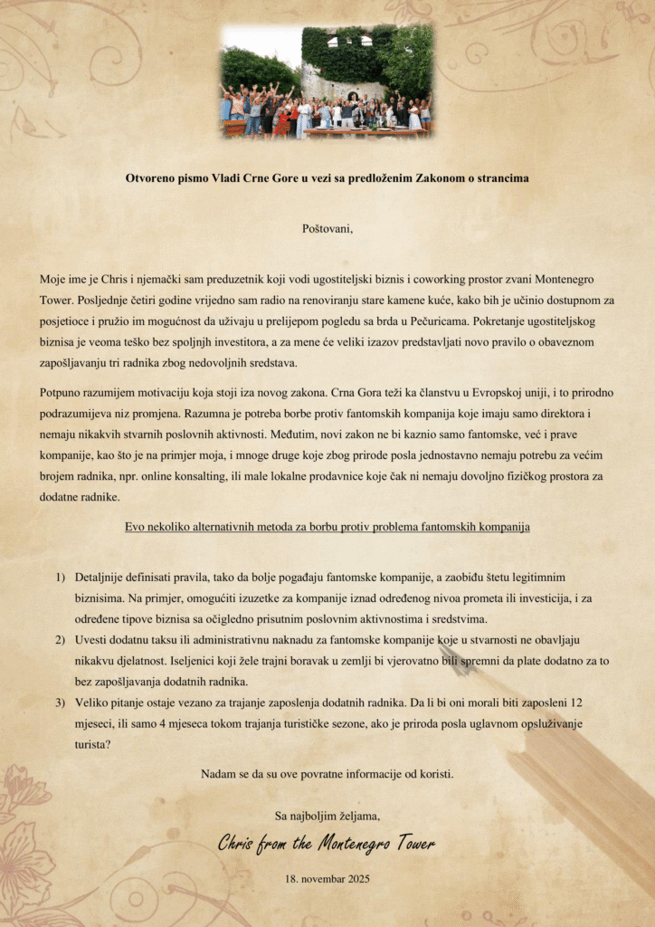 Open Letter on Law on Foreigners MNE